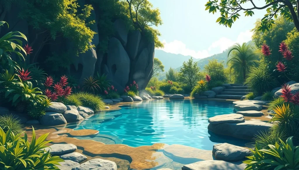 Image of a serene hot spring pool surrounded by natural scenery