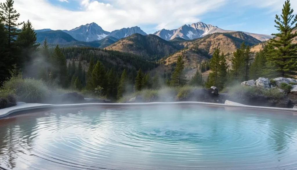 Image of a serene hot spring surrounded by Sierra Nevada mountains