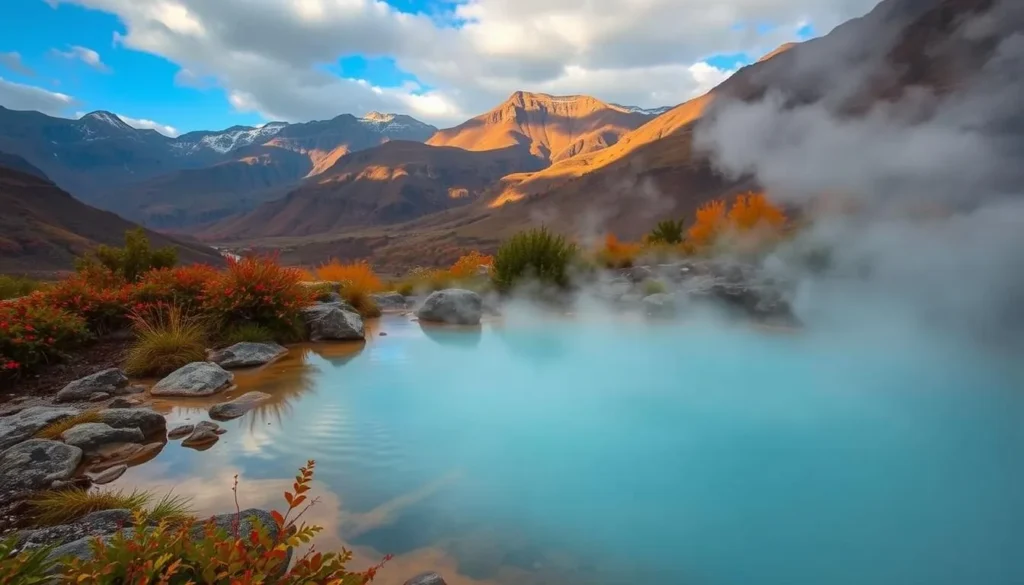 Image of a serene hot spring surrounded by mountains