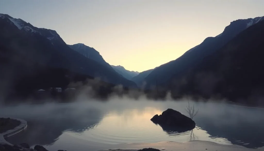 Image of a serene hot spring surrounded by mountains at sunrise