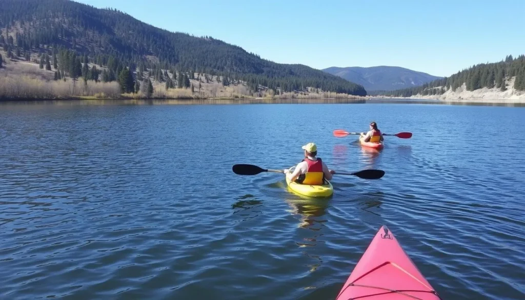 Image of a serene kayaking scene on Lower Bear Creek Reservoir