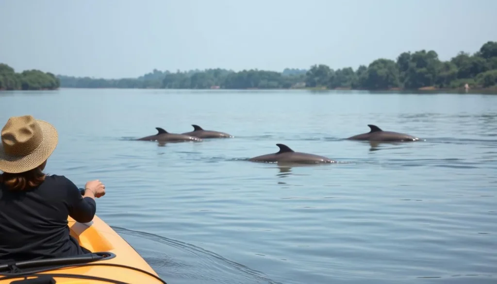 Image of a serene kayaking scene on the Mekong River with Irrawaddy dolphins in the background