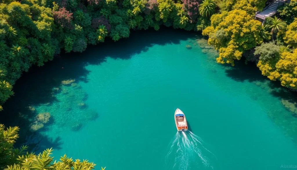 Image of a serene lagoon in Acapulco with lush vegetation and a boat gliding through the calm waters.