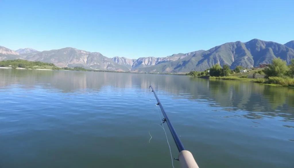 Image of a serene lake in Silverado Mountains with a fishing rod in the water