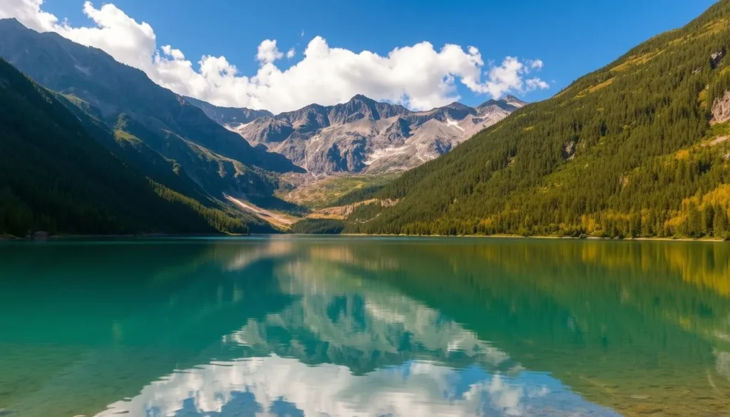 Image of a serene lake in the Peninsular Ranges with surrounding mountains and lush greenery