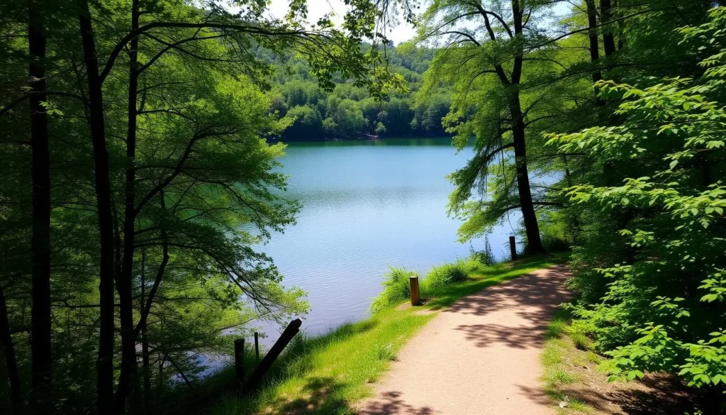 Image of a serene lake surrounded by trees, with a well-maintained trail leading to it.