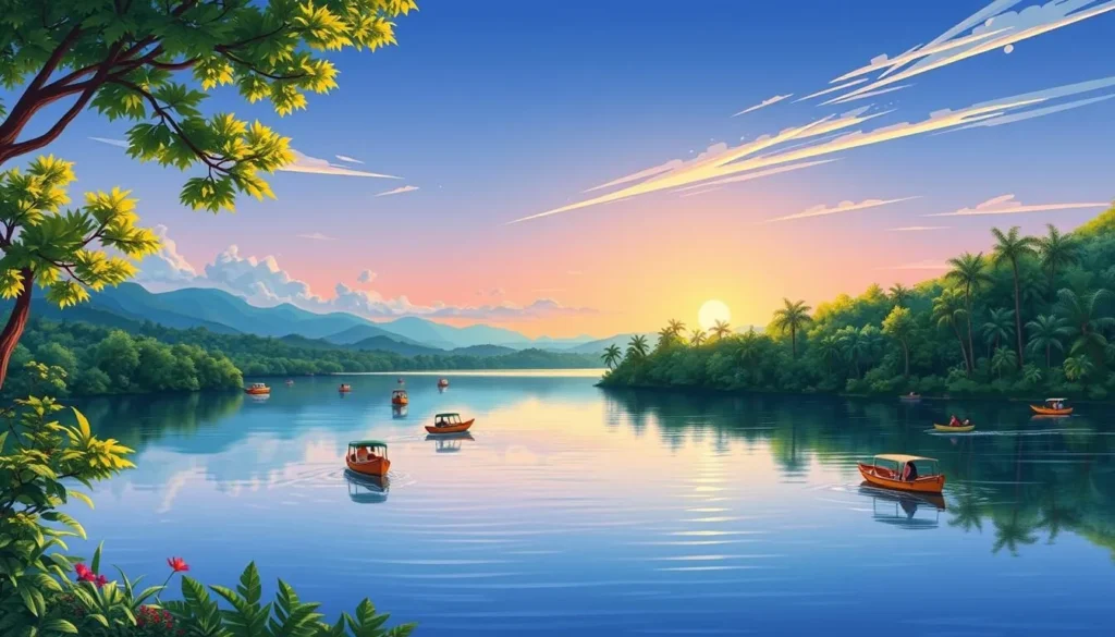 Image of a serene lake with boats and kayaks on the water