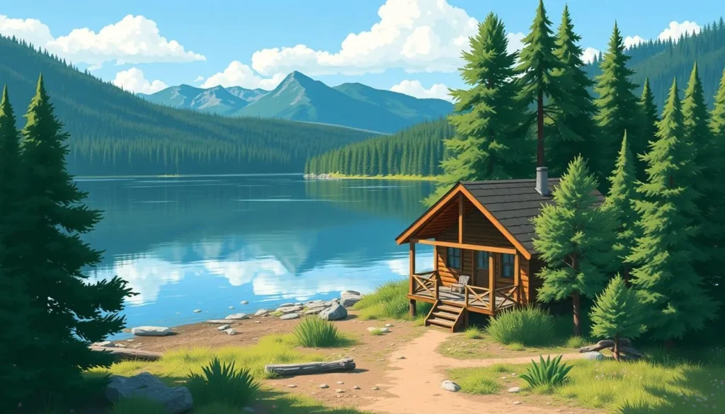 Image of a serene lakeside cabin near Long Valley Reservoir