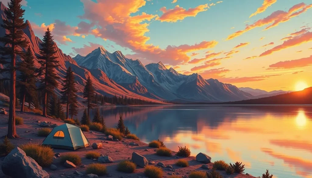 Image of a serene lakeside campsite in the Eastern Sierra Mountains at sunset