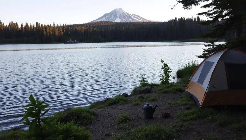 Image of a serene lakeside campsite near Mount Shasta