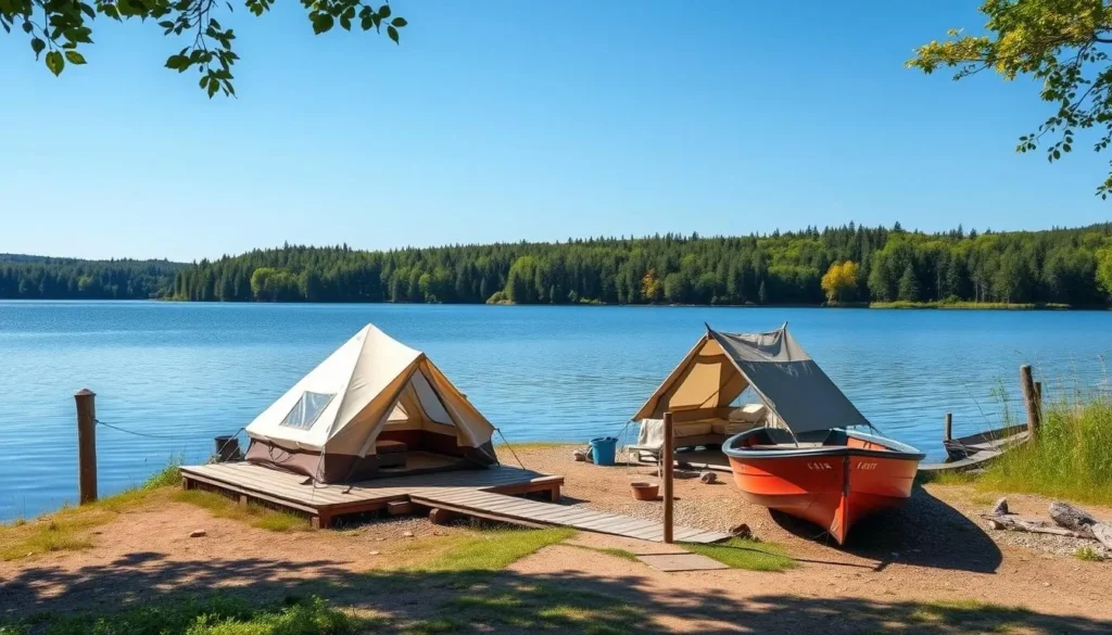 Image of a serene lakeside campsite with a tent and a boat docked nearby