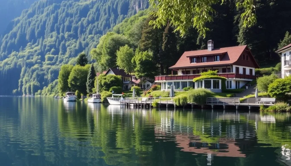 Image of a serene lakeside hotel in Brunnen or Flüelen