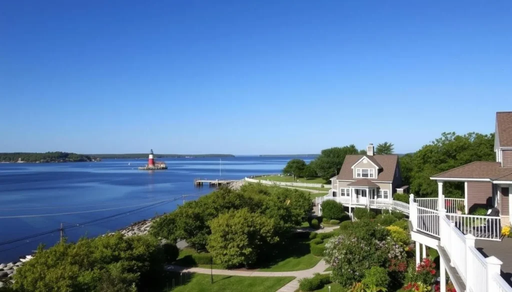 Image of a serene lakeside hotel in Marblehead with a view of the lighthouse