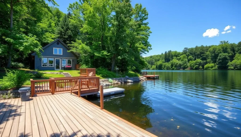 Image of a serene lakeside vacation rental with a private dock and expansive deck
