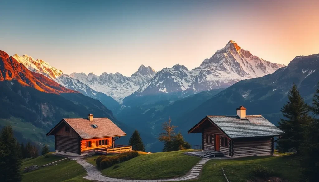 Image of a serene mountain hut in the Swiss Alps