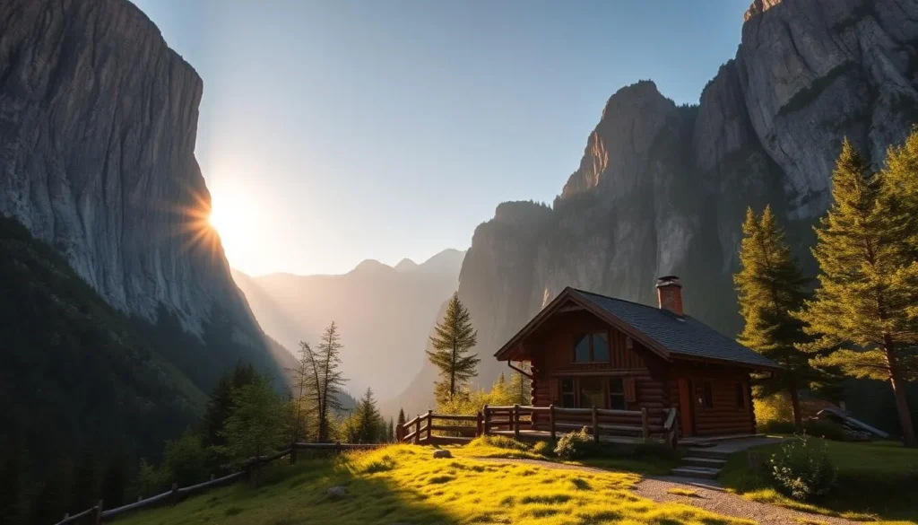 Image of a serene mountain hut surrounded by peaks