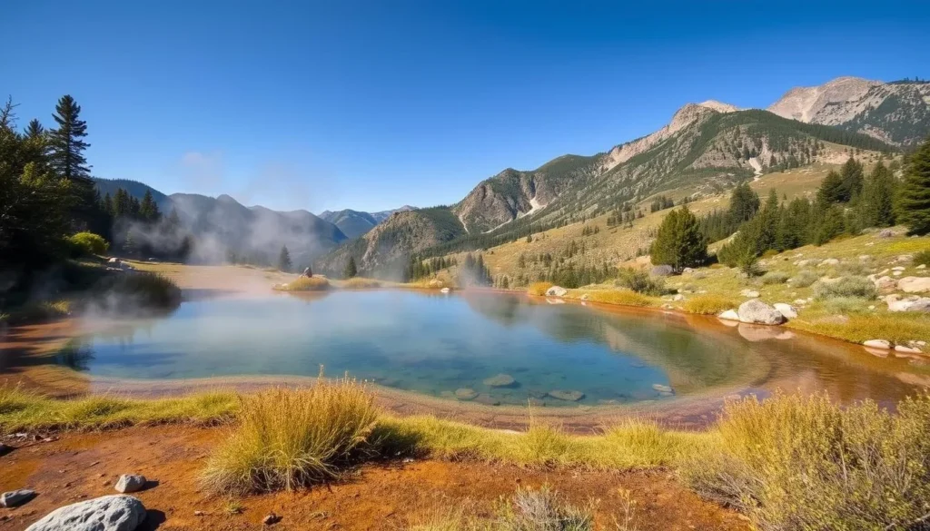 Image of a serene natural hot spring in the Sierra Nevada mountains