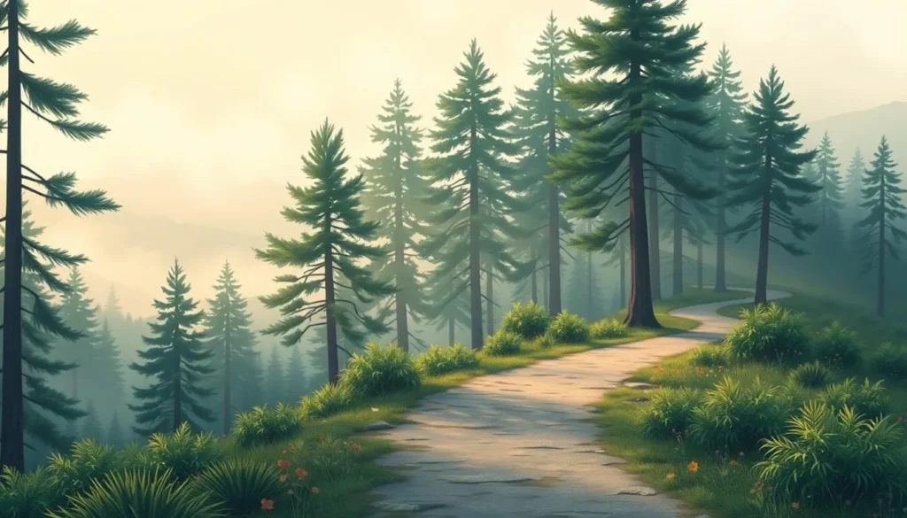 Image of a serene path through Kirirom's pine forests with mist in the background
