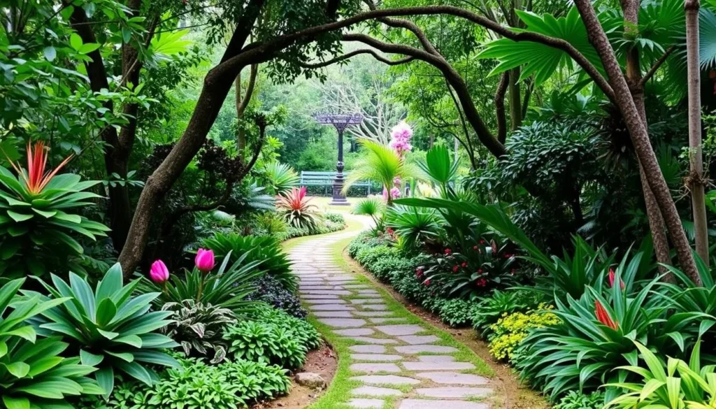 Image of a serene pathway in the Faustino Miranda Botanical Garden with diverse flora.