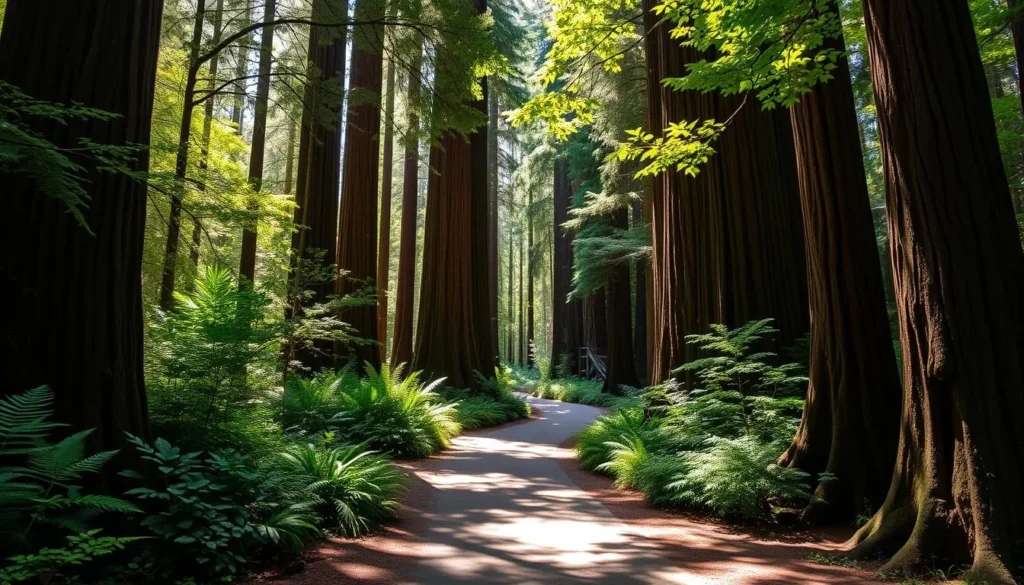 Image of a serene pathway through the Redwood Forests
