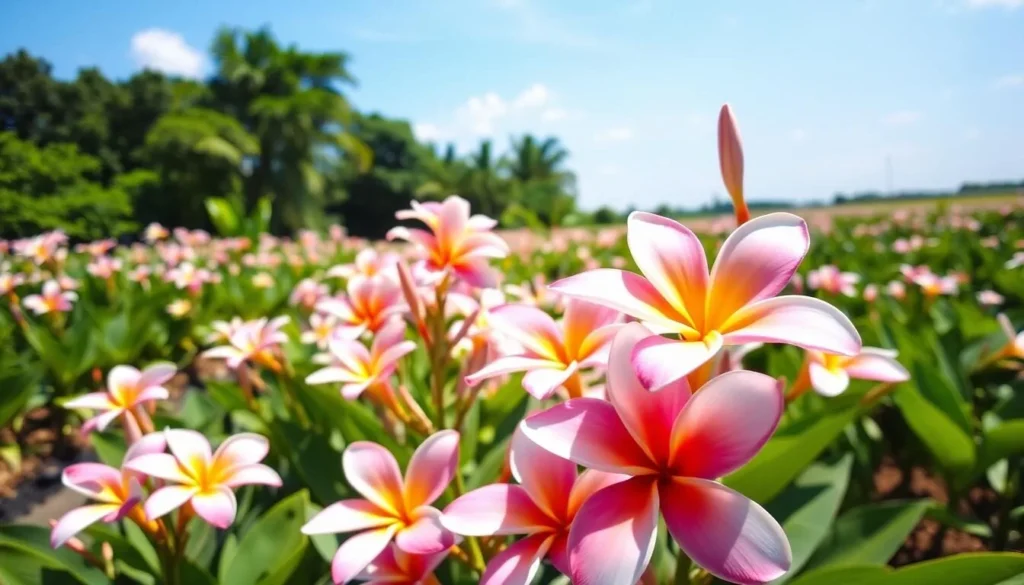 Image of a serene plumeria farm with fragrant flowers in bloom