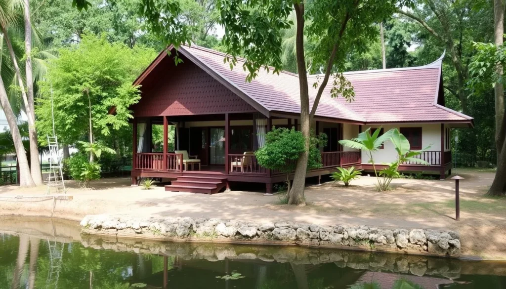 Image of a serene riverside hotel in Kratie with traditional Khmer architecture