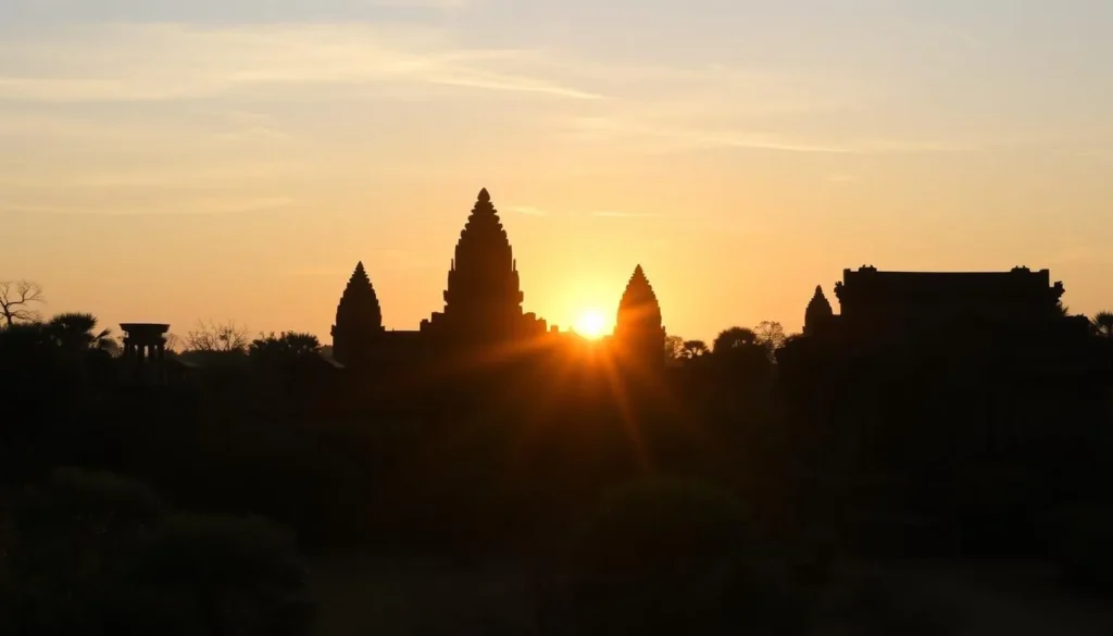 Image of a serene sunrise over the temples of Angkor Archaeological Park
