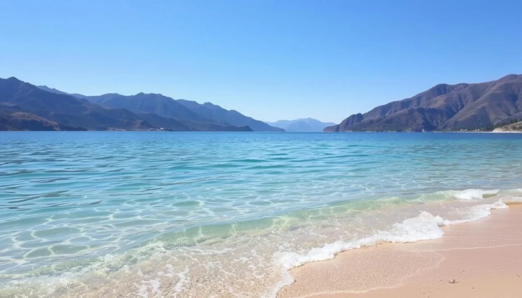 Image of a serene swimming beach at Long Valley Reservoir with clear water and surrounding mountains.