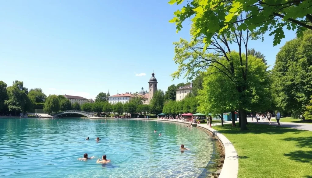 Image of a serene swimming spot in Zurich's Badis during summer