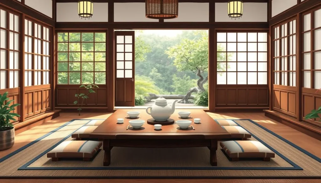 Image of a serene tea house setting with traditional Korean tea being served at a low table