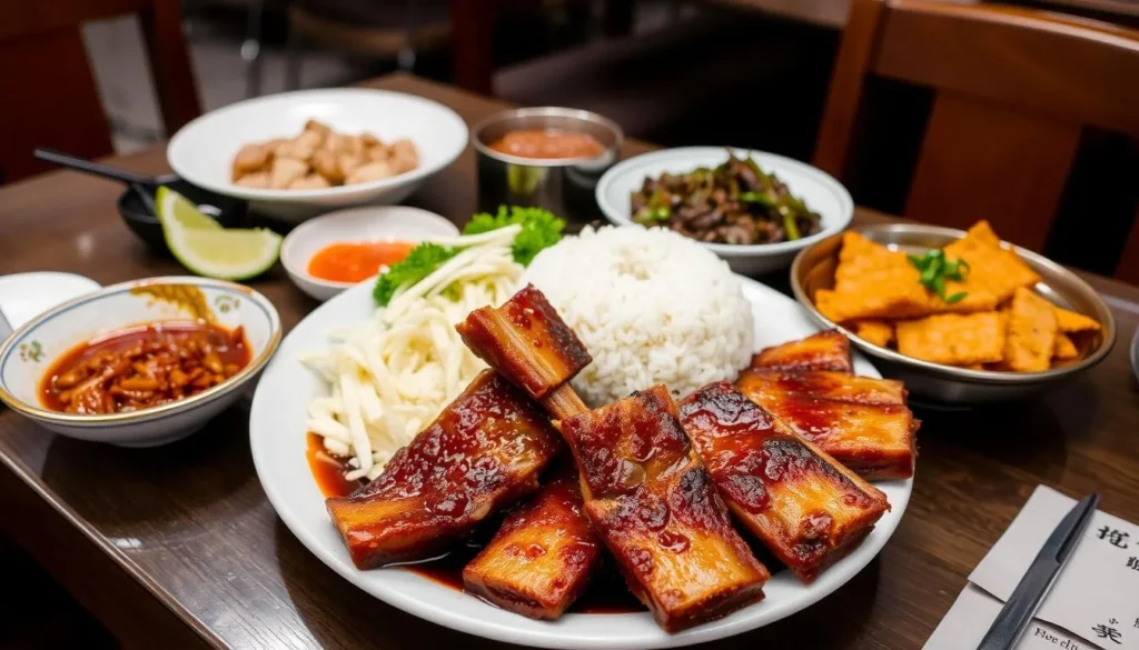 Image of a serving of bak kut teh from Outram Park Yahua Rou Gu Cha, including the pork ribs, rice, and side dishes.