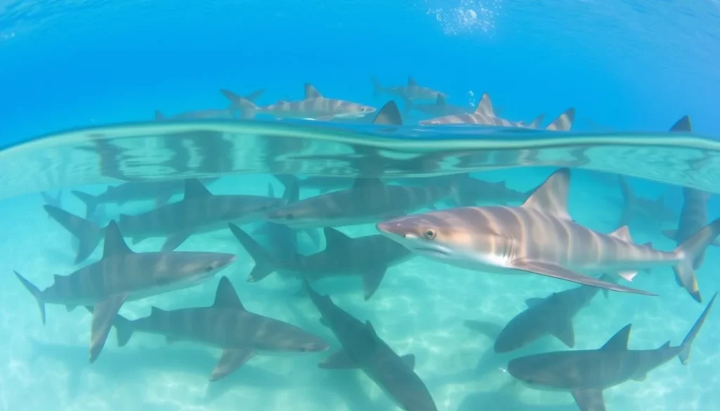 Image of a shark feeding experience in Huahine, French Polynesia, with dozens of blacktip reef sharks swimming in clear water.