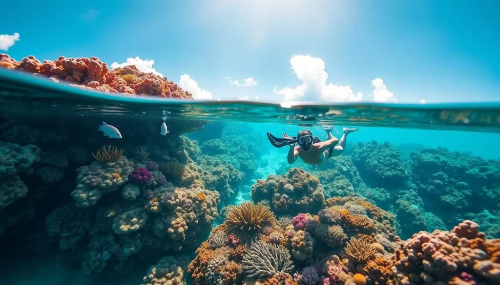 Image of a snorkeler exploring the coral gardens of Bora Bora