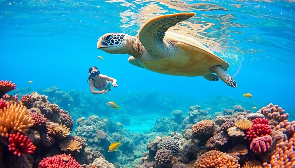 Image of a snorkeler observing a sea turtle in Hawaiian waters