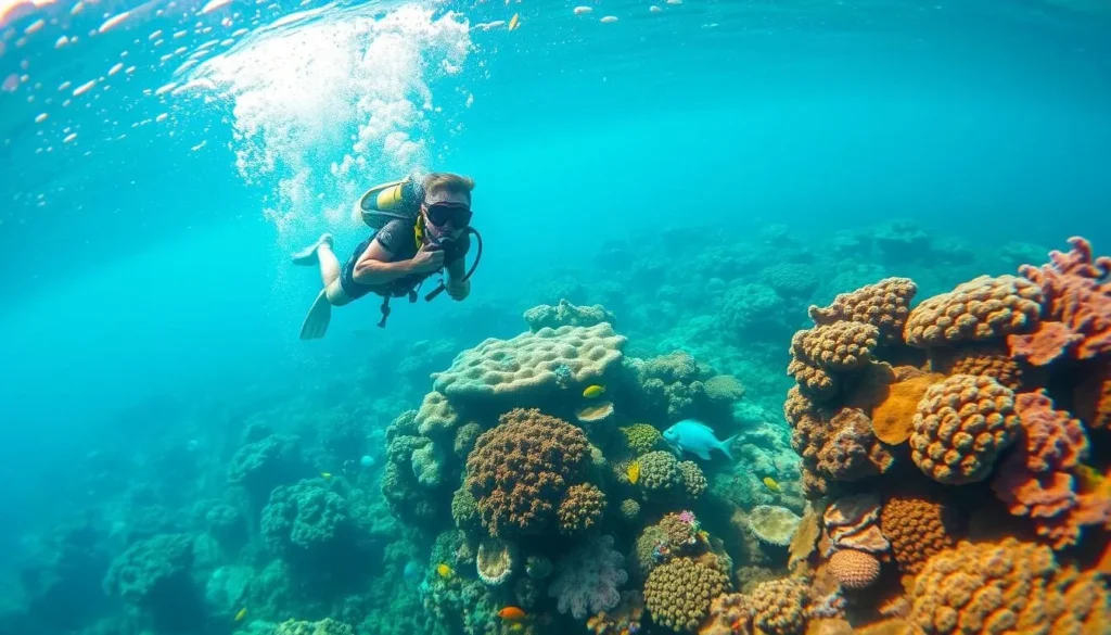 Image of a snorkeler or diver exploring the vibrant coral reefs around Koh Rong.