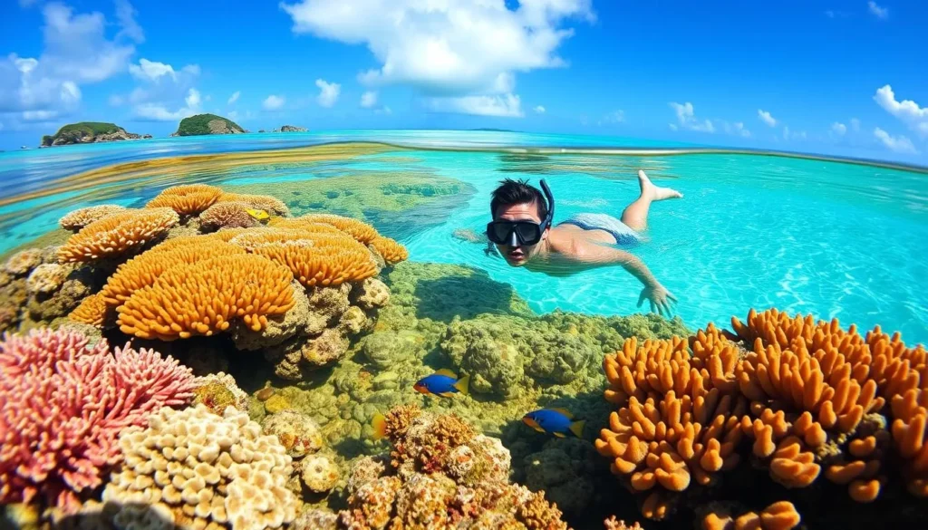 Image of a snorkeler or diver in the crystal-clear waters of the Society Islands