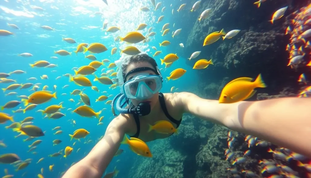 Image of a snorkeler surrounded by colorful fish at Hon Mun Marine Park