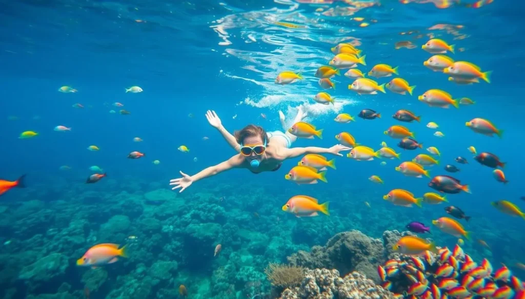 Image of a snorkeler surrounded by tropical fish in the Austral Islands