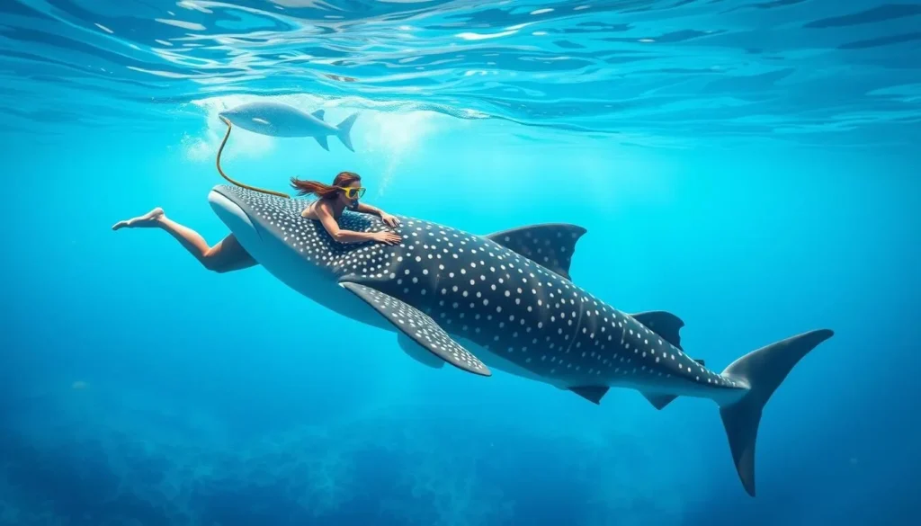 Image of a snorkeler swimming alongside a whale shark in the Bay of Ghoubet