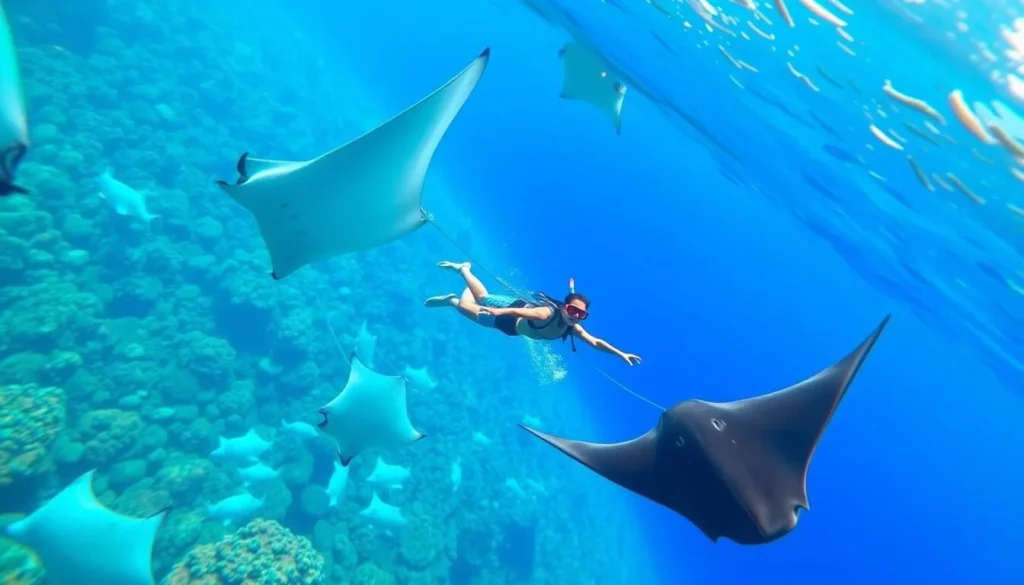 Image of a snorkeler swimming with manta rays in Coral Bay