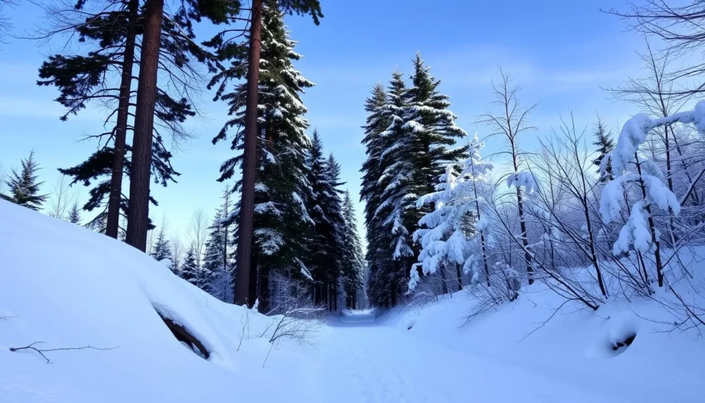 Image of a snow-covered hiking trail in Manchester, New Hampshire