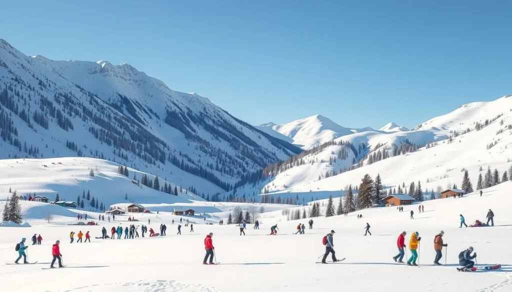 Image of a snowy landscape in the Northern Sierra with people enjoying winter activities