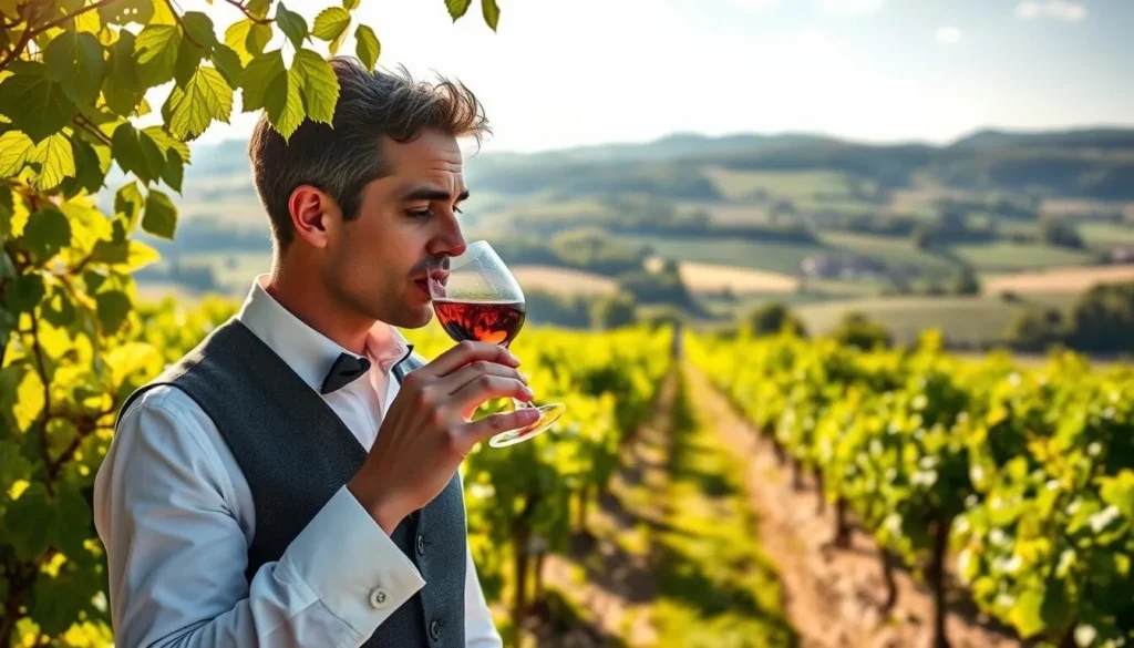 Image of a sommelier tasting wine at a vineyard in Alsace