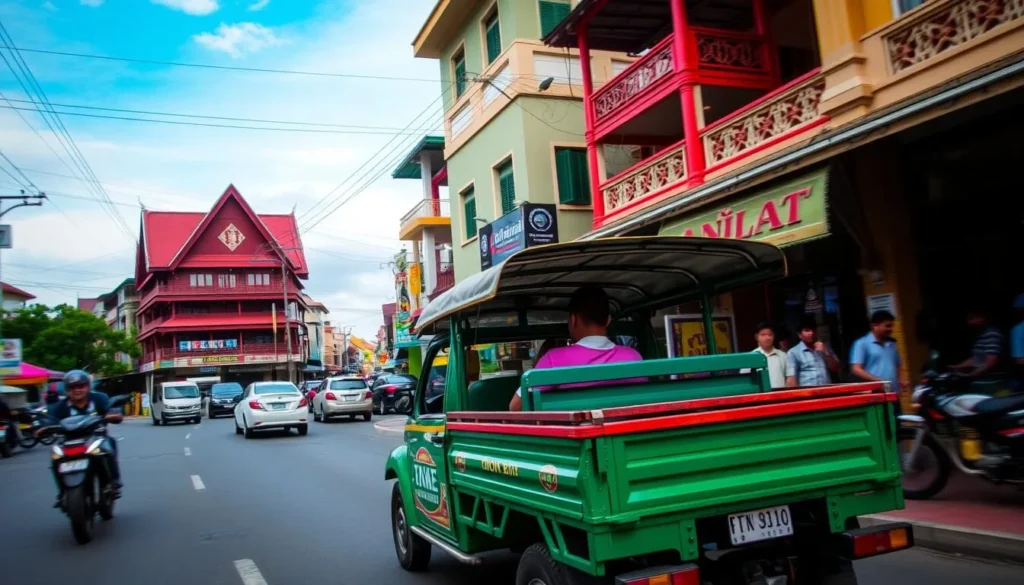 Image of a songthaew driving through Chon Buri streets