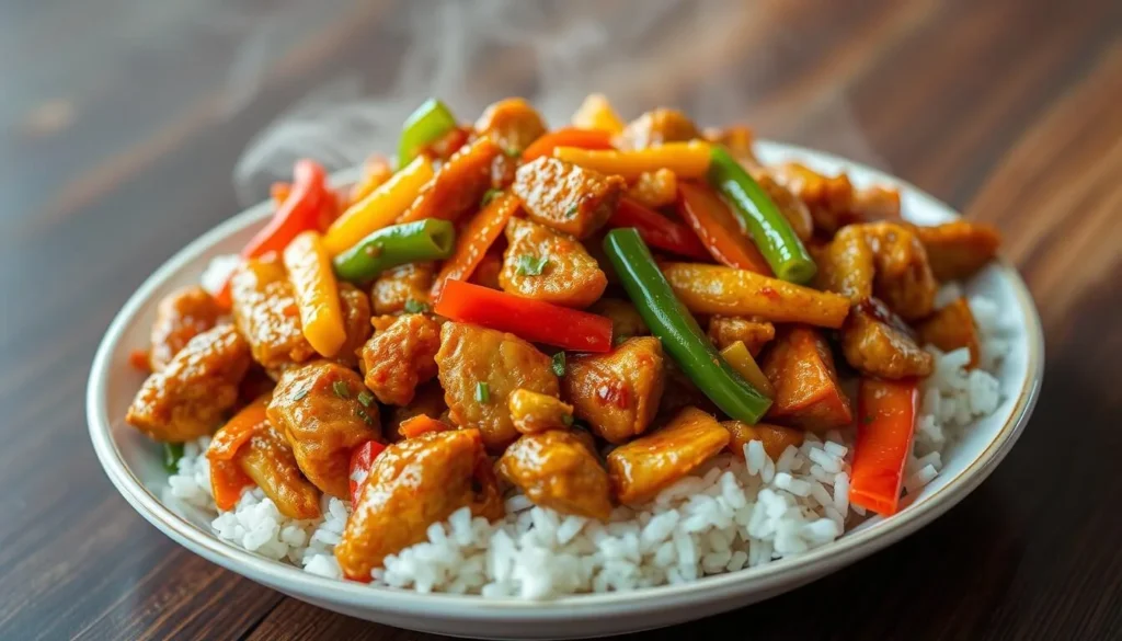 Image of a steaming hot plate of spicy stir-fried chicken