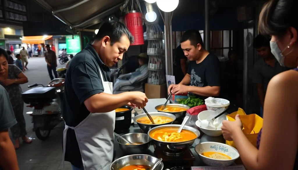 Image of a street food vendor in Sihanoukville serving curry noodle soup