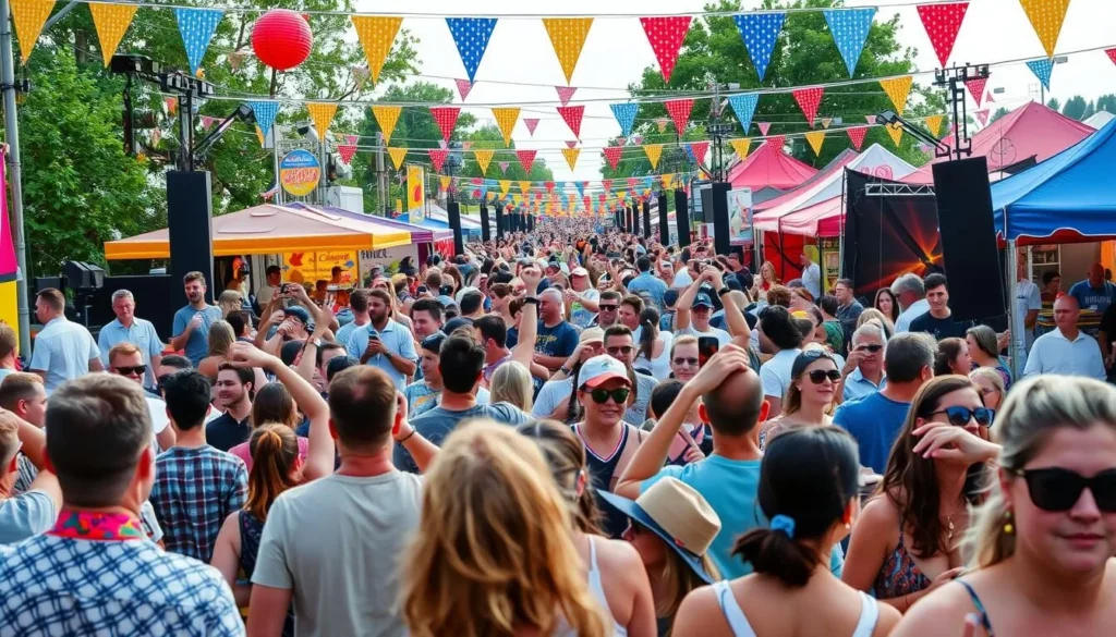 Image of a summer outdoor concert in Lincoln, Nebraska, with a large crowd enjoying live music.