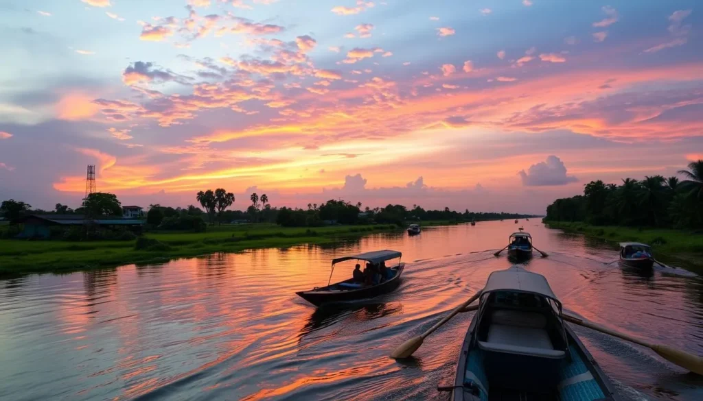 Image of a sunset river tour on the Mekong River