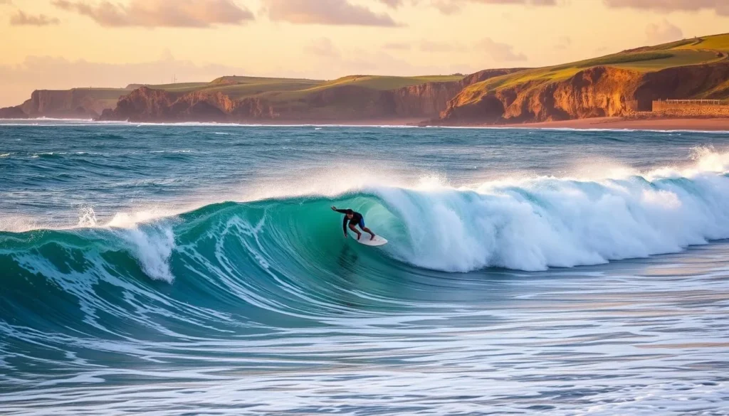 Image of a surfer riding a wave at Lahinch Beach in Clare