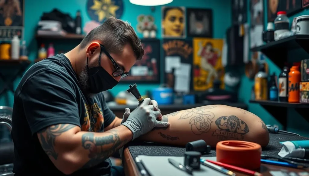 Image of a tattoo artist at work in a Pachuca studio